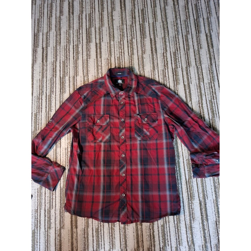 Rock & Republic Mens XL Red Gray Plaid Long Sleeve Stretch Button Down Shirt